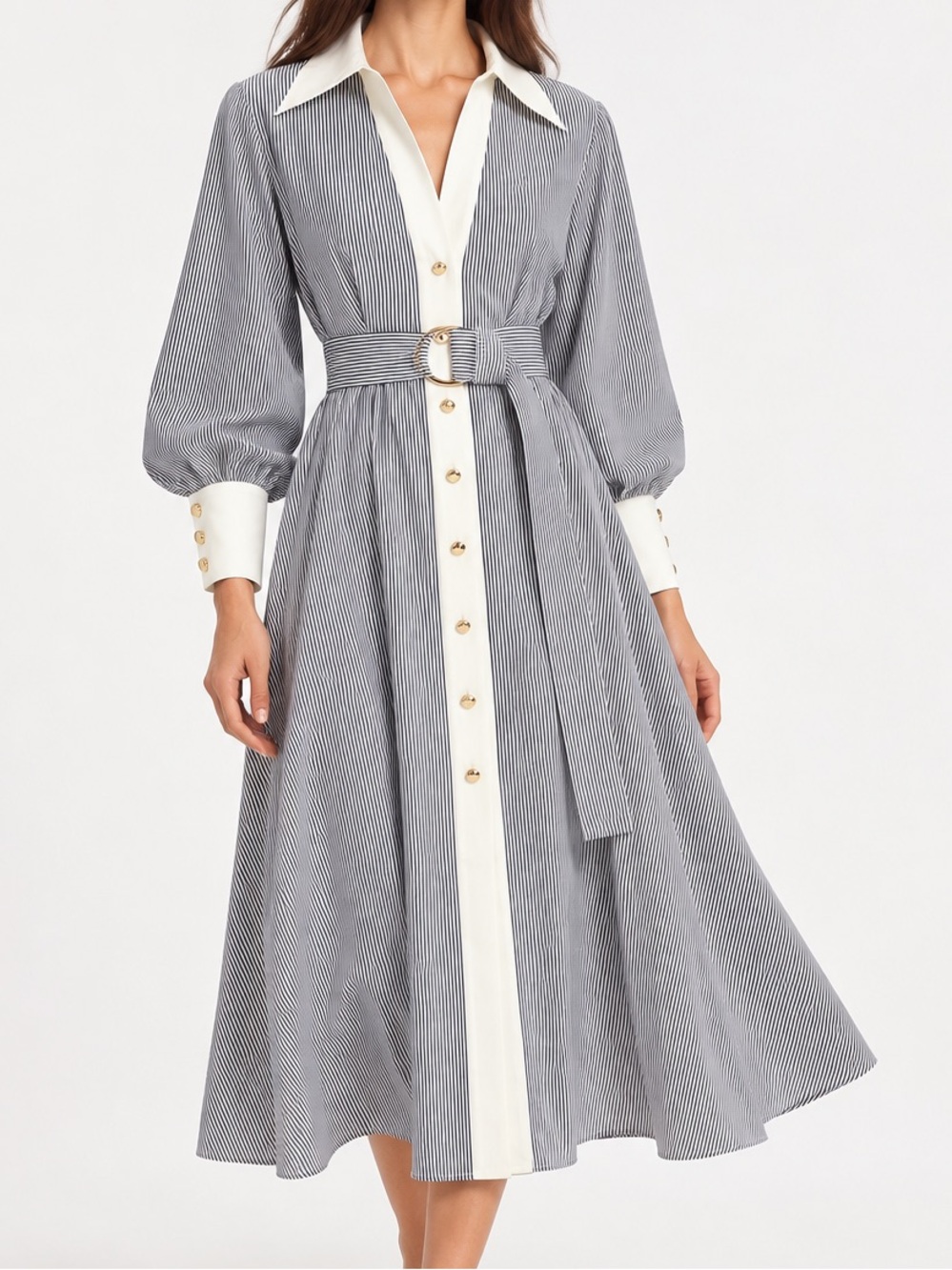 NWT Commense Contrast Trim Striped Belted Shirt Dress in Grey and White